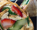 Healthier and fabulous (just like its inspiration) this wrap boasts
season chicken, homemade hummus, feta cheese, fresh
cucumber, chia seeds, juicy strawberries, toasted almonds, and
lettuce.....too good to be true!